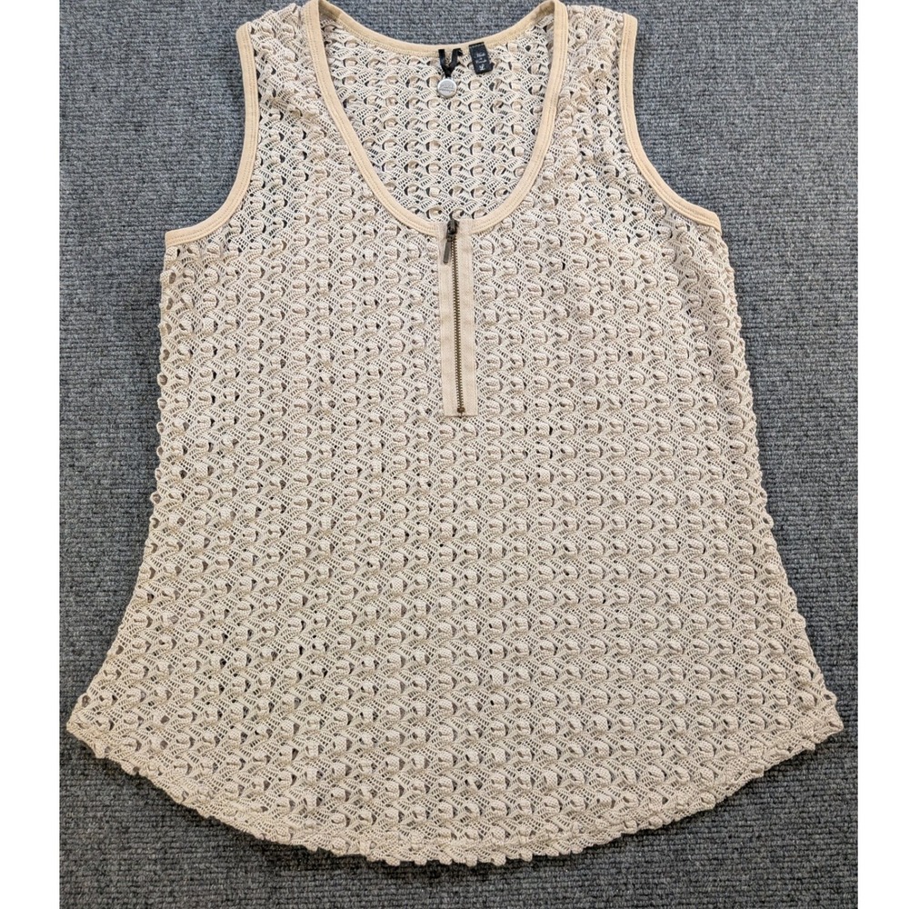 BKE Boutique Lace Tank Top Women Large Beige Quarter Zip See Through Boho